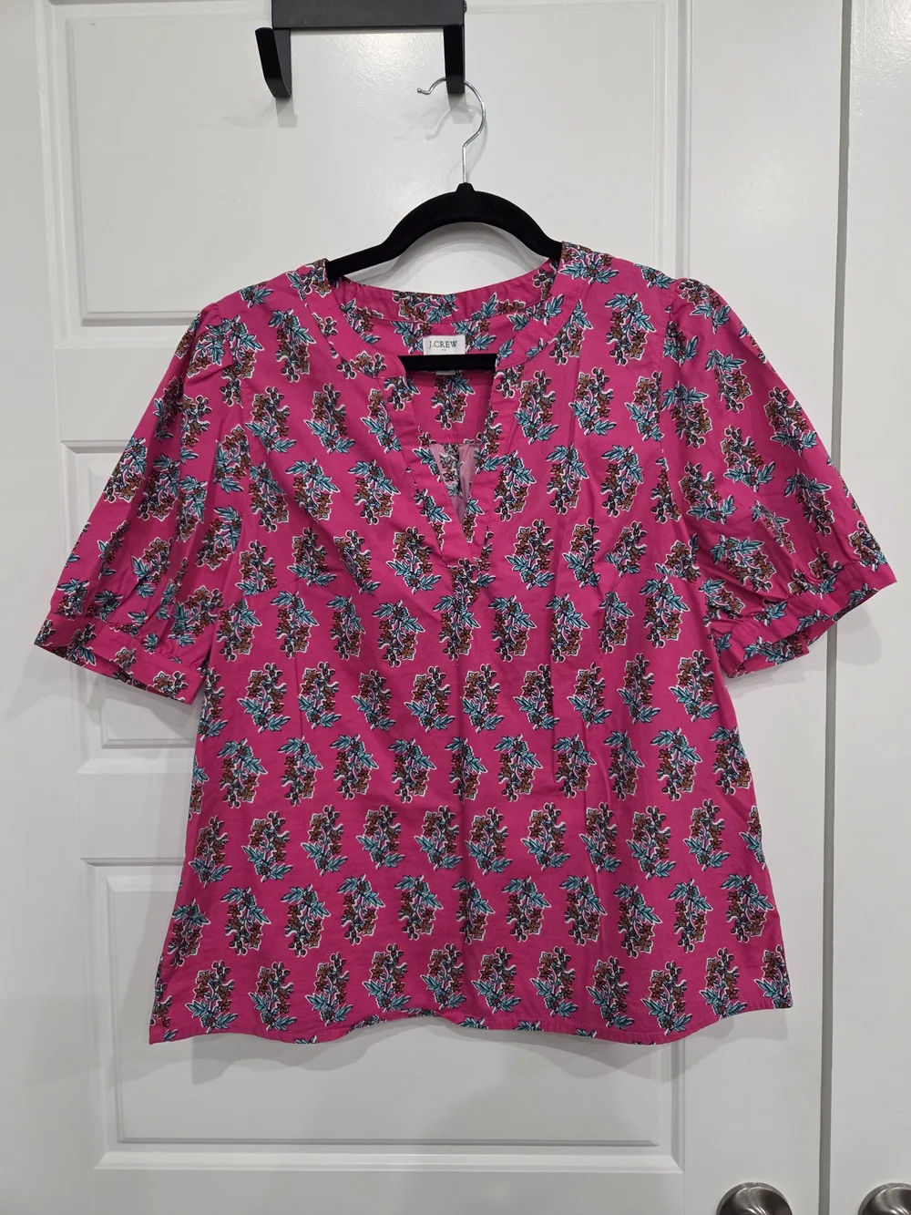 J. Crew Pink Floral Split-Neck Puff Sleeve Blouse Size Med